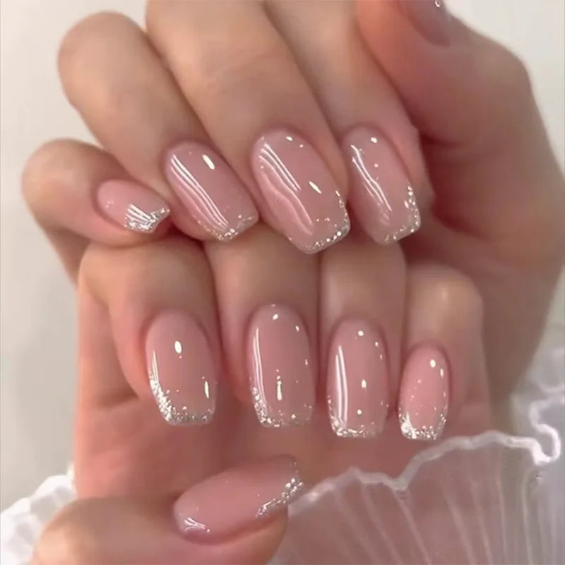 Blush French Glow – 24pcs Press-On Nail Kit (Square Tips, Jelly Glue Included)